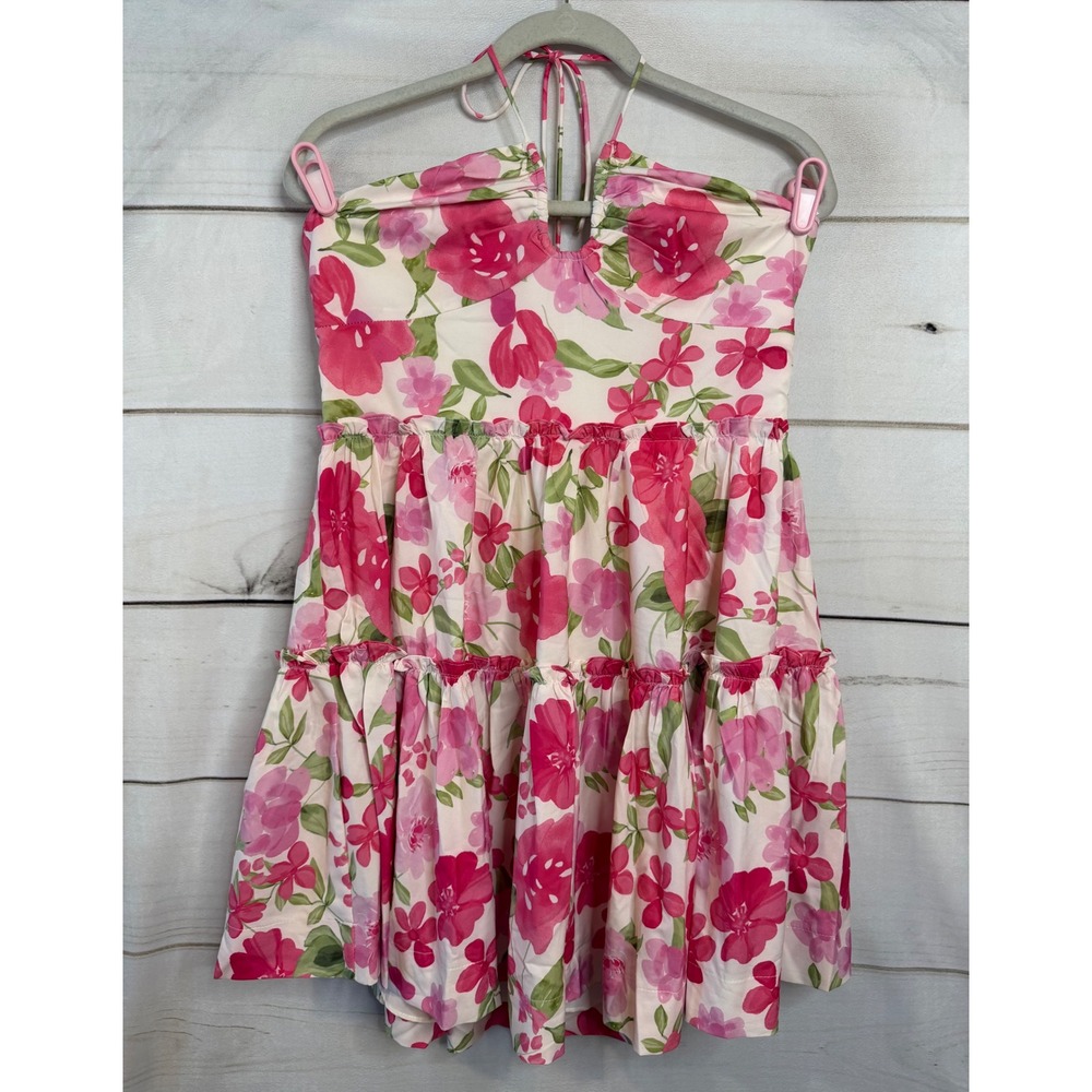 Billy J Sandy Mini Dress Pink Floral Tiered Ruffle Halter Size 14 Boho Summer
